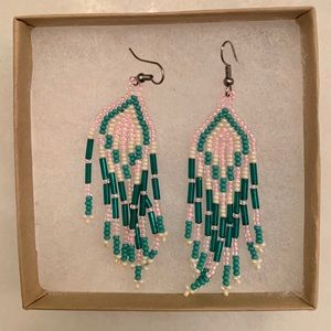 HIPPIE dangly handmade earrings unique mint & pink